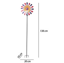 Vindsnurra för trädgård i metall, färgglad blomdesign, höjd 138 centimeter, bredd 30 centimeter, djup 10 centimeter, med markspett.
