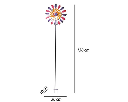 Vindsnurra för trädgård i metall, färgglad blomdesign, höjd 138 centimeter, bredd 30 centimeter, djup 10 centimeter, med markspett.
