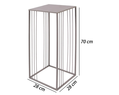Kvadratiskt blombord i metall, 70 centimeter högt, 28 centimeter brett och 28 centimeter djupt.