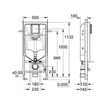 Teknisk ritning av en Grohe WC-fixtur med mått i millimeter för fram- och sidovy.