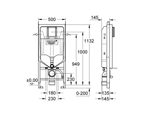 Teknisk ritning av en Grohe WC-fixtur med mått i millimeter för fram- och sidovy.