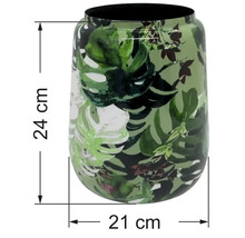 Vas med monstera bladmotiv, höjd 24 centimeter, diameter 21 centimeter.