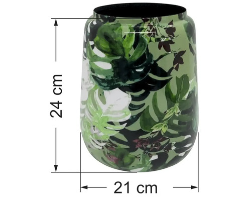 Vas med monstera bladmotiv, höjd 24 centimeter, diameter 21 centimeter.