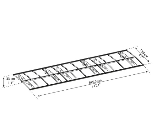 Teknisk ritning av en skärmtaksram med måtten längd 670,5 centimeter, djup 139 centimeter och höjd 33 centimeter.
