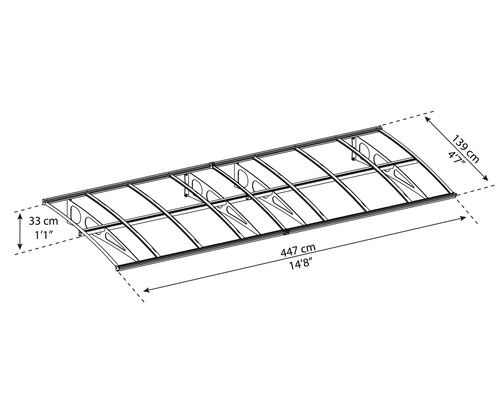 Måttritning entrétak med bredd 447 centimeter, djup 139 centimeter och höjd 33 centimeter. Konstruktion med flera konsoler.