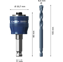 Bosch Logo på Power Change Plus-adapter 80 millimeter och centrerborr 105 millimeter längd med 8,5 millimeter diameter.