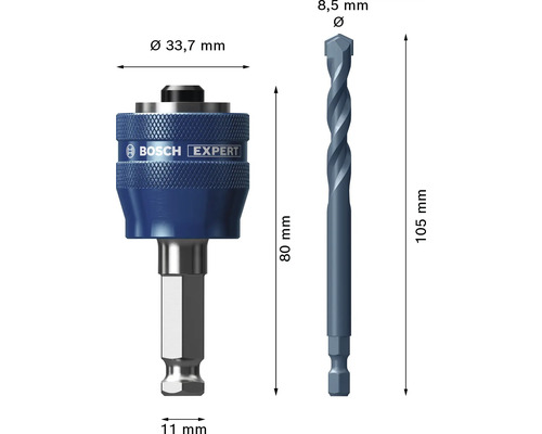 Bosch Logo på Power Change Plus-adapter 80 millimeter och centrerborr 105 millimeter längd med 8,5 millimeter diameter.