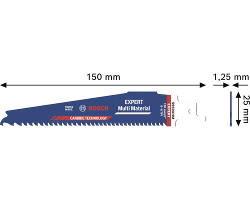 Bosch Expert Multi Material tigersågsblad, längd 150 millimeter, bredd 25 millimeter, tjocklek 1,25 millimeter.