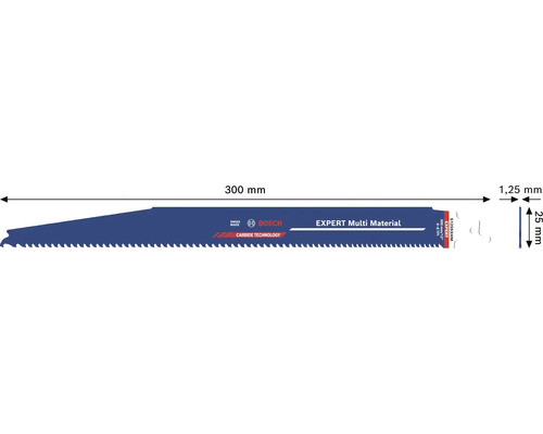 Bosch tigersågblad Expert Multi Material, längd 300 millimeter, höjd 25 millimeter, tjocklek 1,25 millimeter, karbidteknik.