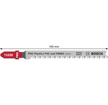 Bosch sticksågsblad T102H för rena snitt i PVC och PMMA, 100 millimeter långt, tillverkat i Schweiz, Bosch Logo.