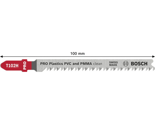 Bosch sticksågsblad T102H för rena snitt i PVC och PMMA, 100 millimeter långt, tillverkat i Schweiz, Bosch Logo.