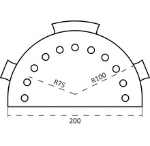 Teknisk ritning av en halvrund platta med hål, diameter tvåhundra millimeter, radie sjuttiofem och etthundra millimeter.