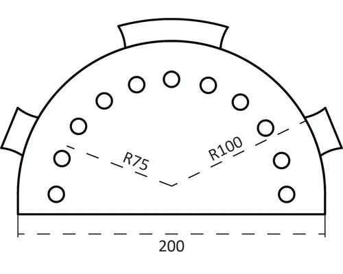 Teknisk ritning av en halvrund platta med hål, diameter tvåhundra millimeter, radie sjuttiofem och etthundra millimeter.