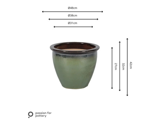 Glaserad keramikblomkruka med mått för diameter 31, 38, 48 centimeter och höjd 27, 32, 42 centimeter. passion for pottery Logo.