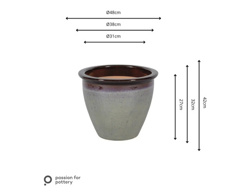 Keramisk blomkruka med mått för diametrar 31, 38, 48 centimeter och höjder 27, 32, 42 centimeter. Passion for Pottery Logo.