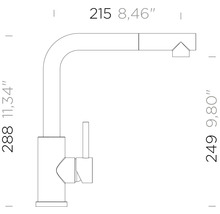 Teknisk ritning av en köksblandare med mått: höjd 288 millimeter, piphöjd 249 millimeter och utsprång 215 millimeter.