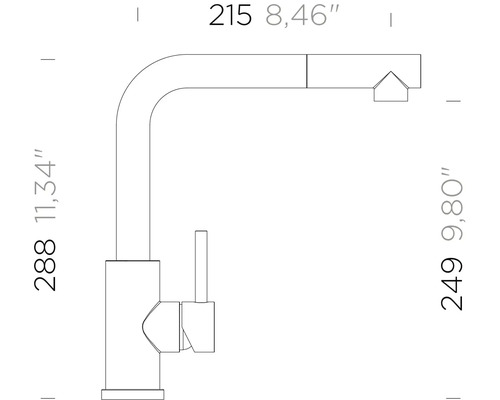 Teknisk ritning av en köksblandare med mått: höjd 288 millimeter, piphöjd 249 millimeter och utsprång 215 millimeter.