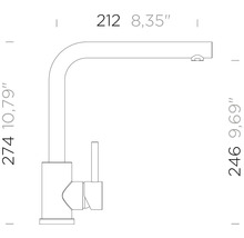 Måttritning av en köksblandare med L-pip. Höjd 274 millimeter, projektion 212 millimeter, piphöjd 246 millimeter.