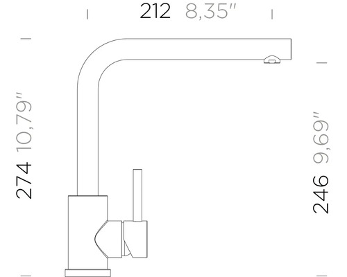 Måttritning av en köksblandare med L-pip. Höjd 274 millimeter, projektion 212 millimeter, piphöjd 246 millimeter.