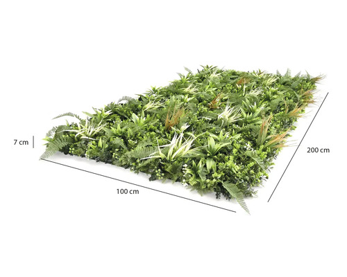 Konstgjord växtvägg med ormbunkar och gräs, bredd 100 centimeter, höjd 200 centimeter, djup 7 centimeter.