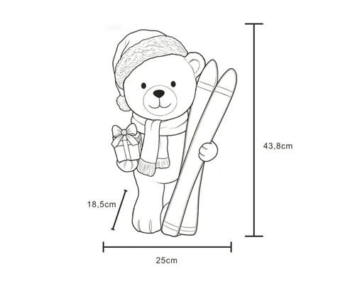 Julfigur björn med mössa, halsduk, present och skidor, mått 43,8 gånger 25 gånger 18,5 centimeter.