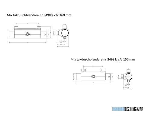 Teknisk ritning med mått för takduschblandare Mix 34980 och 34981 med centrumavstånd 160 respektive 150 millimeter från Duschbyggarna.