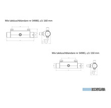 Teknisk ritning med mått för takduschblandare Mix 34980 och 34981 med centrumavstånd 160 respektive 150 millimeter från Duschbyggarna.