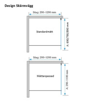 Teknisk ritning av en skärmvägg med mått för stag från 200 till 1200 millimeter samt standardmått och måttanpassade bredder.