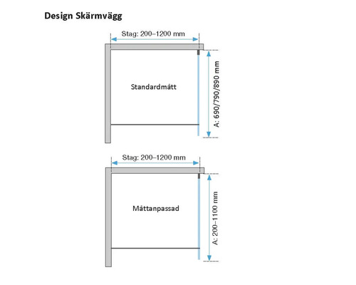 Teknisk ritning av en skärmvägg med mått för stag från 200 till 1200 millimeter samt standardmått och måttanpassade bredder.