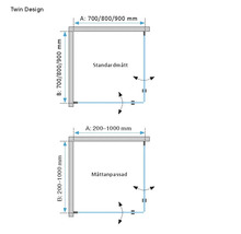 Teknisk ritning av duschkabin Twin Design med standardmått 700 till 900 millimeter och måttanpassade mått 200 till 1000 millimeter.