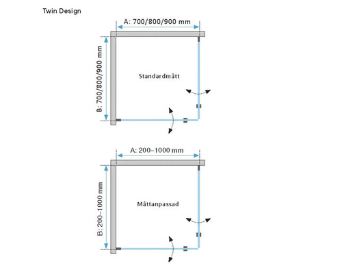Teknisk ritning av duschkabin Twin Design med standardmått 700 till 900 millimeter och måttanpassade mått 200 till 1000 millimeter.