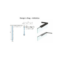Teknisk ritning och 3D-visualisering av ett L-format stabiliseringsstag för duschväggar i glas med måttangivelser.