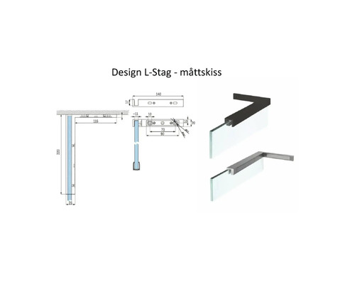 Teknisk ritning och 3D-visualisering av ett L-format stabiliseringsstag för duschväggar i glas med måttangivelser.