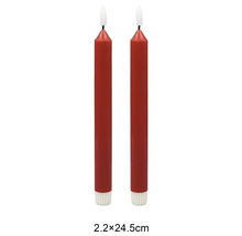 Två röda LED-antikljus med vit bas och vit låga, storlek 2,2 gånger 24,5 centimeter.