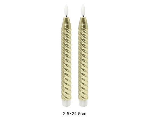 Två guldiga LED-stavljus i skruvad design, mått 2,5 gånger 24,5 centimeter.