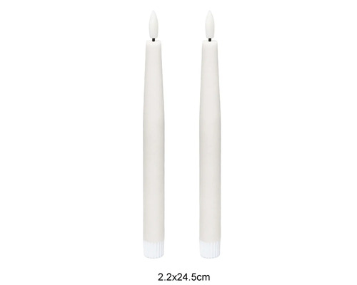 Två vita LED-antikljus av plast med måtten 2.2 gånger 24.5 centimeter.