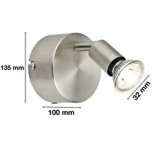 Väggspotlight i metall med mått: höjd 135 millimeter, bredd 100 millimeter och spotdiameter 32 millimeter.