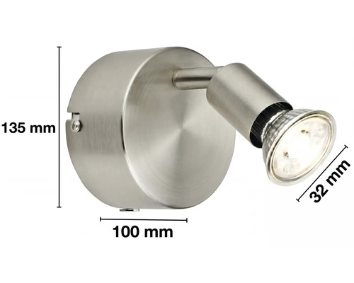 Väggspotlight i metall med mått: höjd 135 millimeter, bredd 100 millimeter och spotdiameter 32 millimeter.