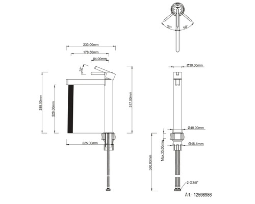 Teknisk ritning av en tvättställsblandare med mått i millimeter. Total höjd 317 millimeter, piphöjd 228 millimeter.