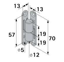 Teknisk ritning av ett möbelgångjärn med mått i millimeter: total höjd 70, bredd 13, hålavstånd 57, diameter 12.