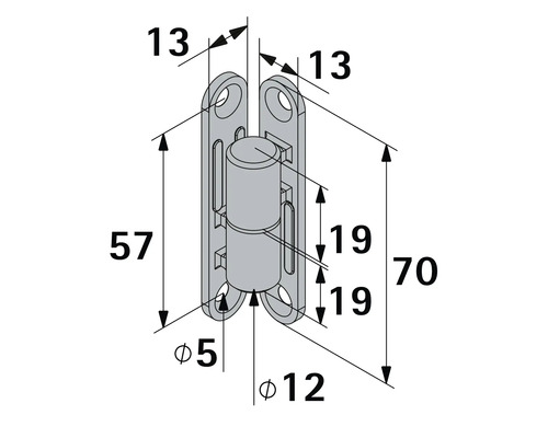 Teknisk ritning av ett möbelgångjärn med mått i millimeter: total höjd 70, bredd 13, hålavstånd 57, diameter 12.