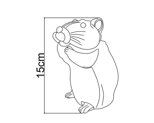 Konturteckning av en hamster med en höjdangivelse på 15 centimeter.