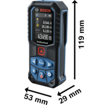 Bosch Logo på Bosch Professional laseravståndsmätare. Mått: 119 millimeter hög, 53 millimeter bred, 29 millimeter djup.