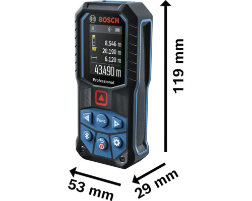 Bosch Logo på Bosch Professional laseravståndsmätare. Mått: 119 millimeter hög, 53 millimeter bred, 29 millimeter djup.