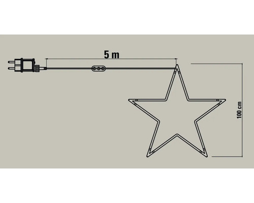 Skiss av en stjärnformad ljusdekoration med mått: 5 meter anslutningskabel och 100 centimeter i höjd.