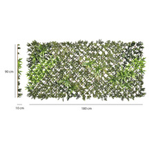 Konstgjord växtvägg på träspaljé med olika gröna blad, 90 gånger 180 gånger 10 centimeter.