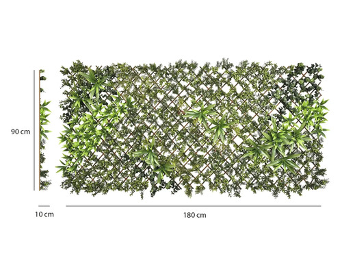 Konstgjord växtvägg på träspaljé med olika gröna blad, 90 gånger 180 gånger 10 centimeter.