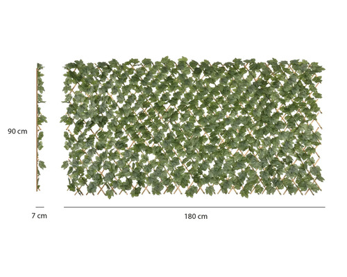 Utdragbart insynsskydd med konstgjord murgröna på trägaller, 90 centimeter högt, 180 centimeter brett och 7 centimeter djupt.