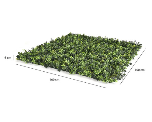 Konstgjord häckpanel med gröna blad, 100 centimeter gånger 100 centimeter, höjd 6 centimeter.
