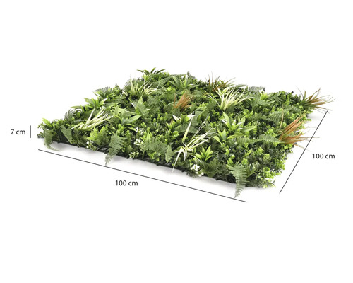 Konstgjord växtpanel med ormbunkar och gräs, mått 100 gånger 100 centimeter, höjd 7 centimeter.